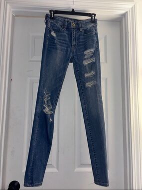 American Eagle Outfitters Distressed Skinny Jeans - Dark Blue